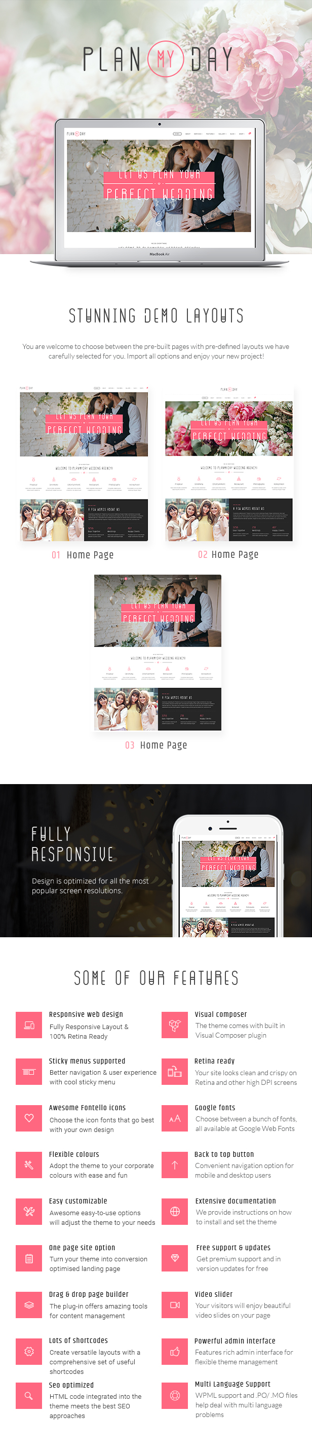 Wedding and Event Planning Agency WordPress Theme features