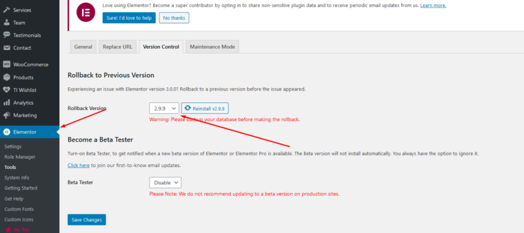 roll back elementor version