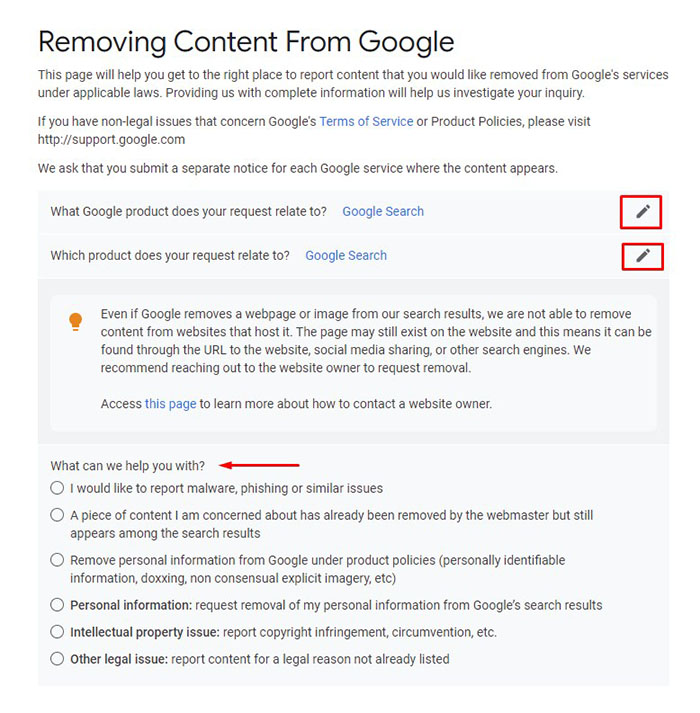 removing content form google
