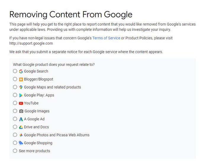 removing content form google