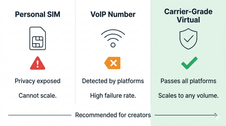 Three verification approaches compared for content creators: personal SIM, VoIP, and carrier-grade virtual number